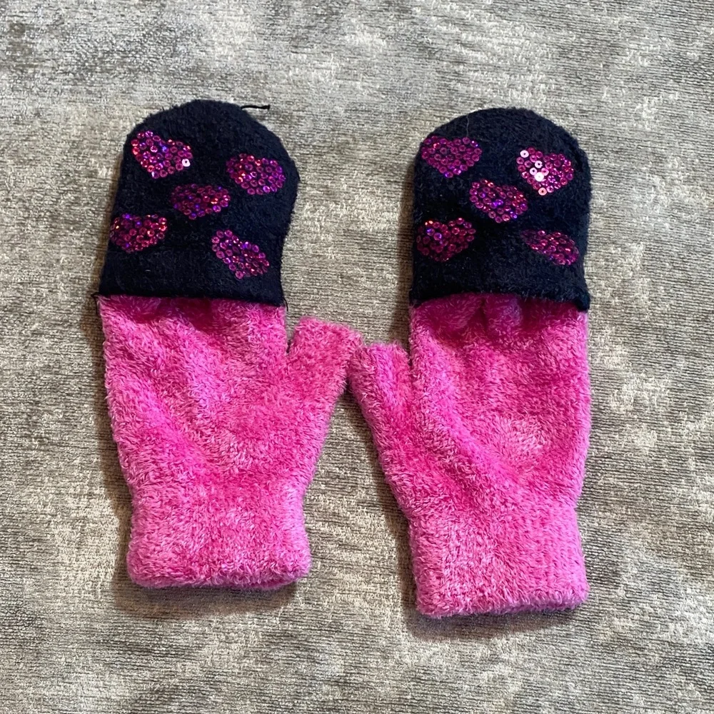 Pink & Black fuzzy Kids' Sequin fingerless mittens {1225}